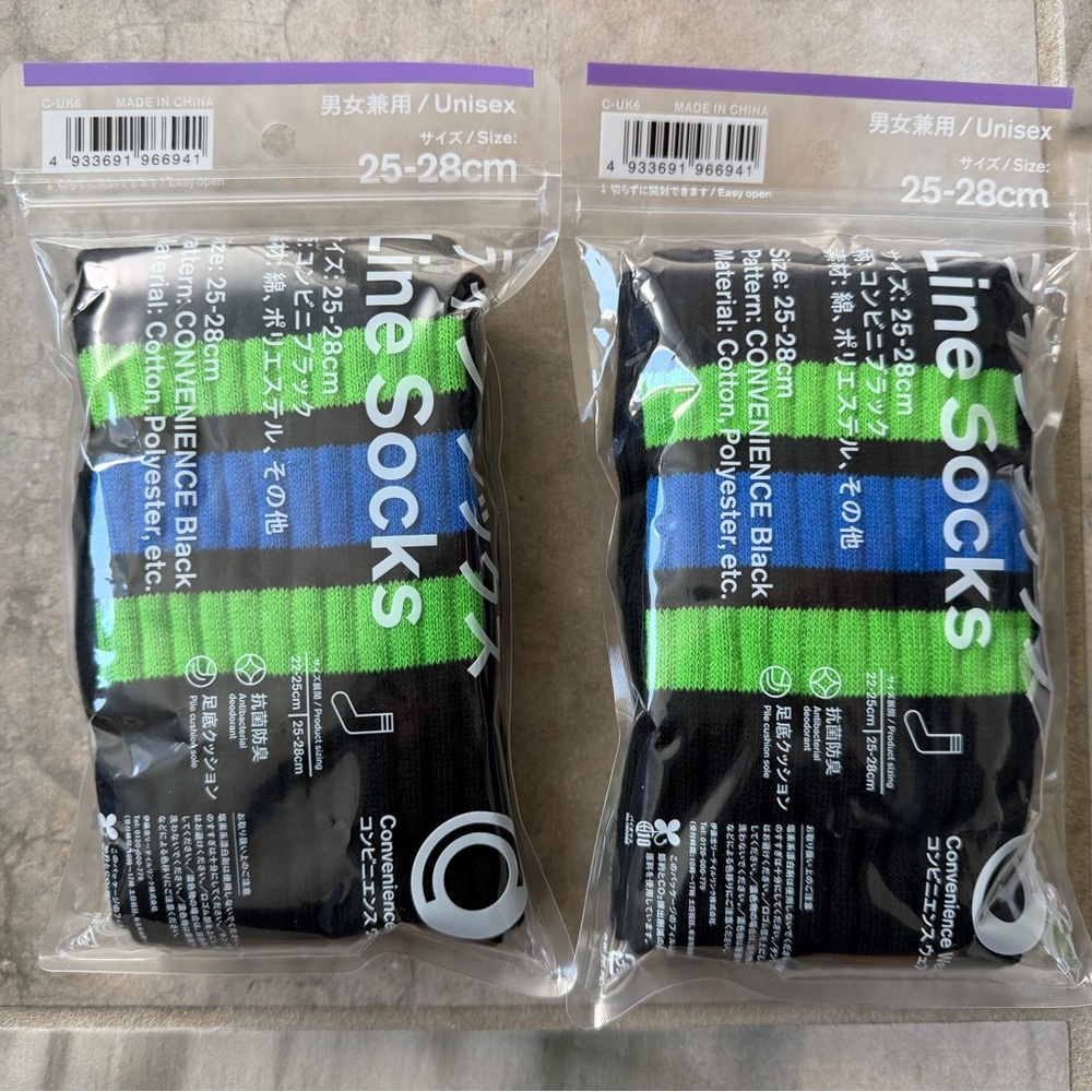 Family Mart Unisex Socks Black with Blue and Green Stripes (2 Pairs) Japan